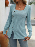 Decorative Button Striped Square Neck Long Sleeve T-Shirt - Trendsi - Flyclothing LLC