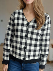 Plaid V-Neck Button Up Cardigan - Trendsi