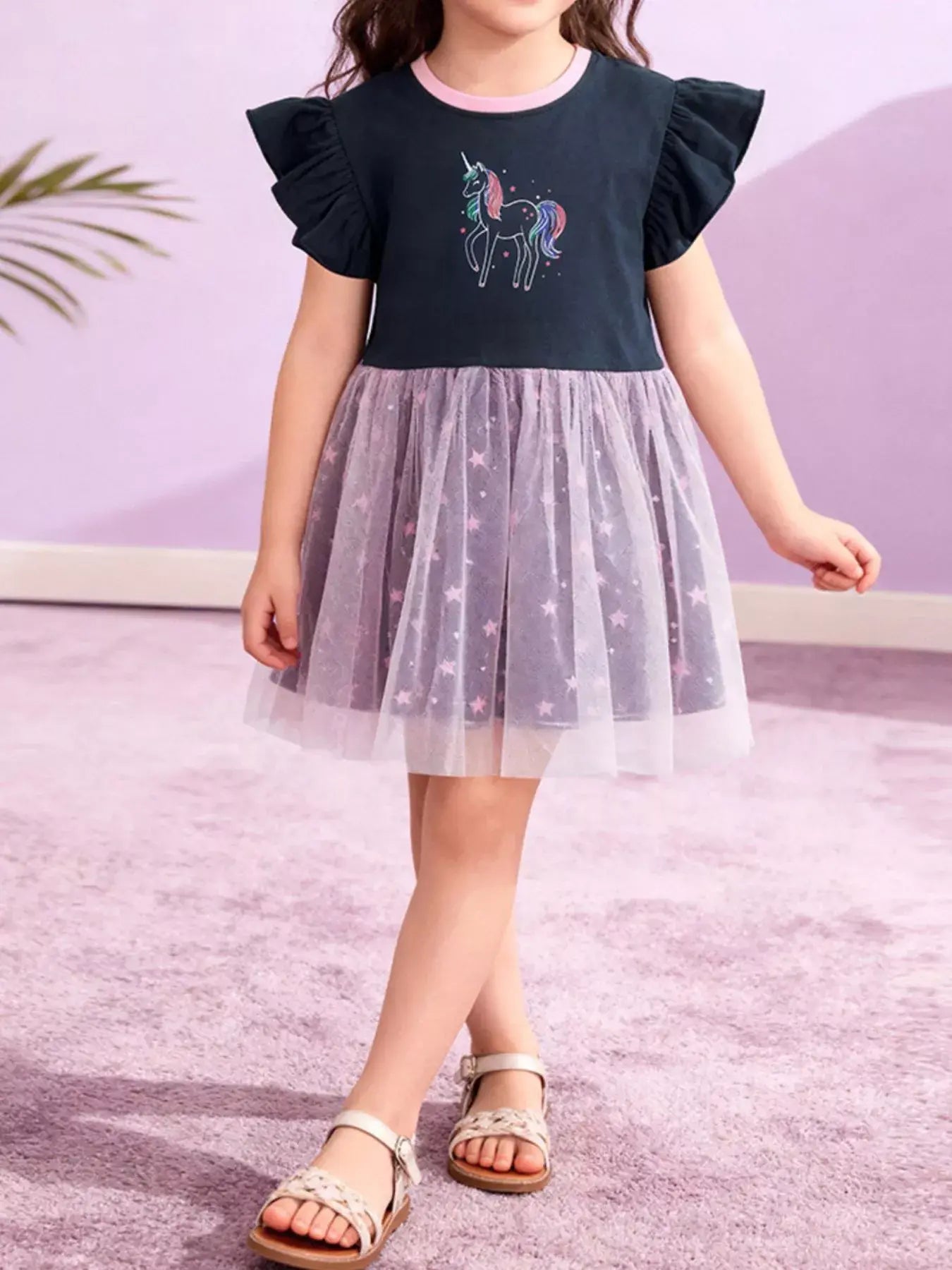 Children's Unicorn Graphic Ruffle Sleeve Tulle Dress - Trendsi - Flyclothing LLC