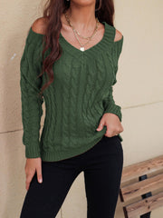 Honey Cable-Knit V-Neck Cold Shoulder Sweater - Trendsi