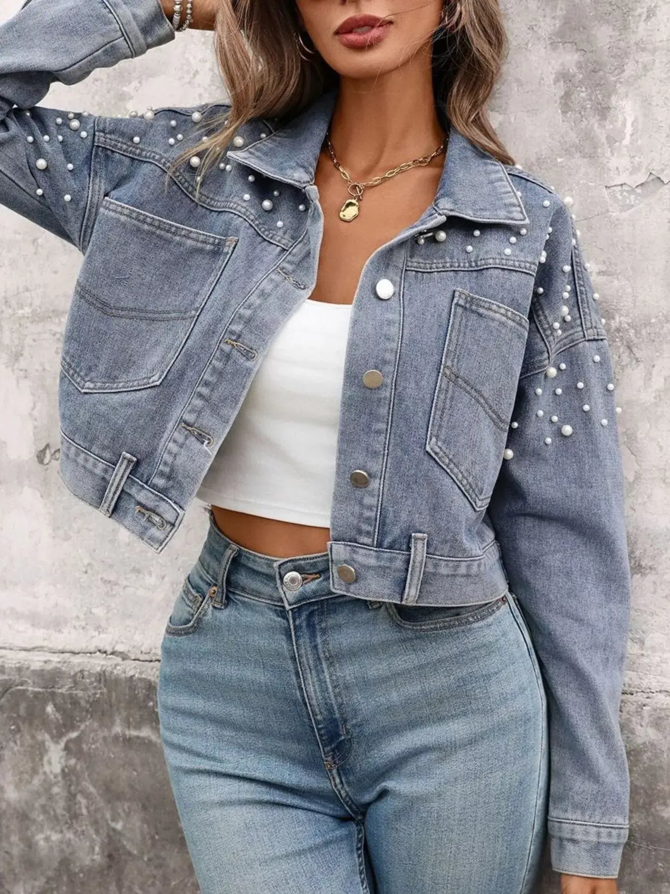 Pearl Embellished Cropped Denim Jacket - Trendsi - Flyclothing LLC