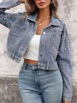 Pearl Embellished Cropped Denim Jacket - Trendsi - Flyclothing LLC