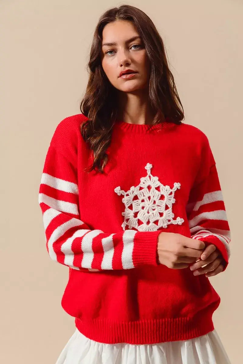 SO ME Christmas Snowflake Crochet Embellished Sweater - Trendsi - Flyclothing LLC