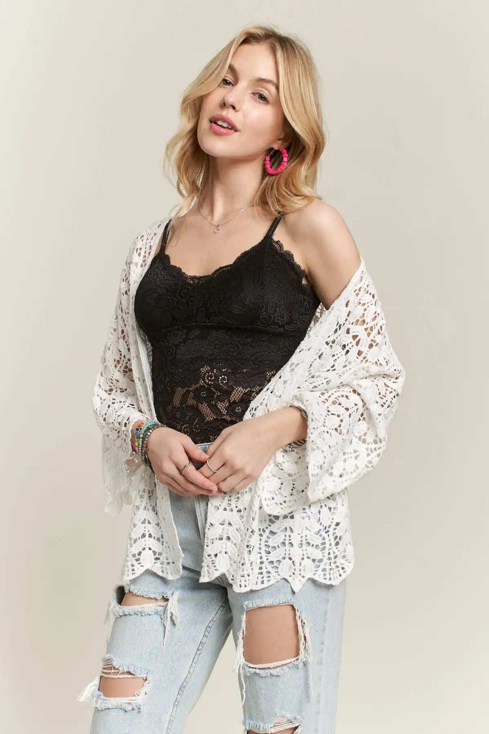 ADORA Leaf Pattern Crochet Cardigan - Trendsi - Flyclothing LLC