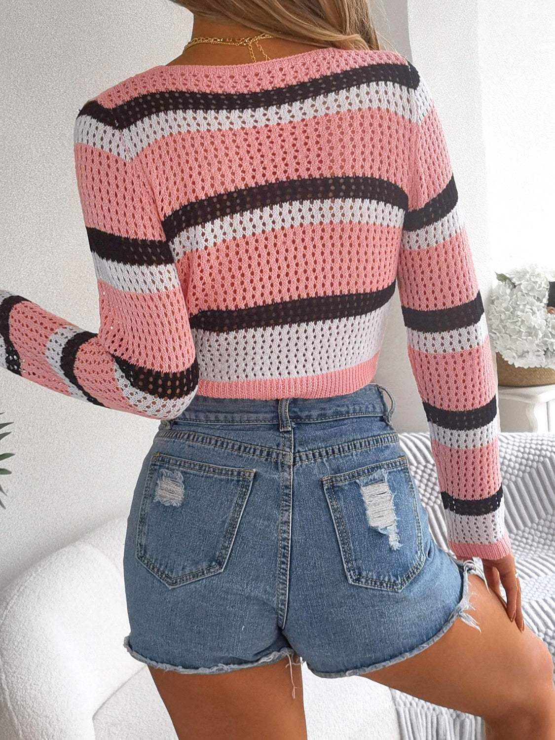 Tied Openwork Long Sleeve Knit Top - Trendsi - Flyclothing LLC