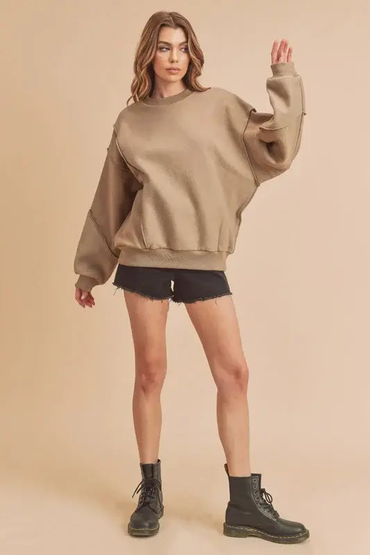 Aemi + Co Exposed Seam Round Neck Drop Shoulder Sweatshirt - Trendsi - Flyclothing LLC