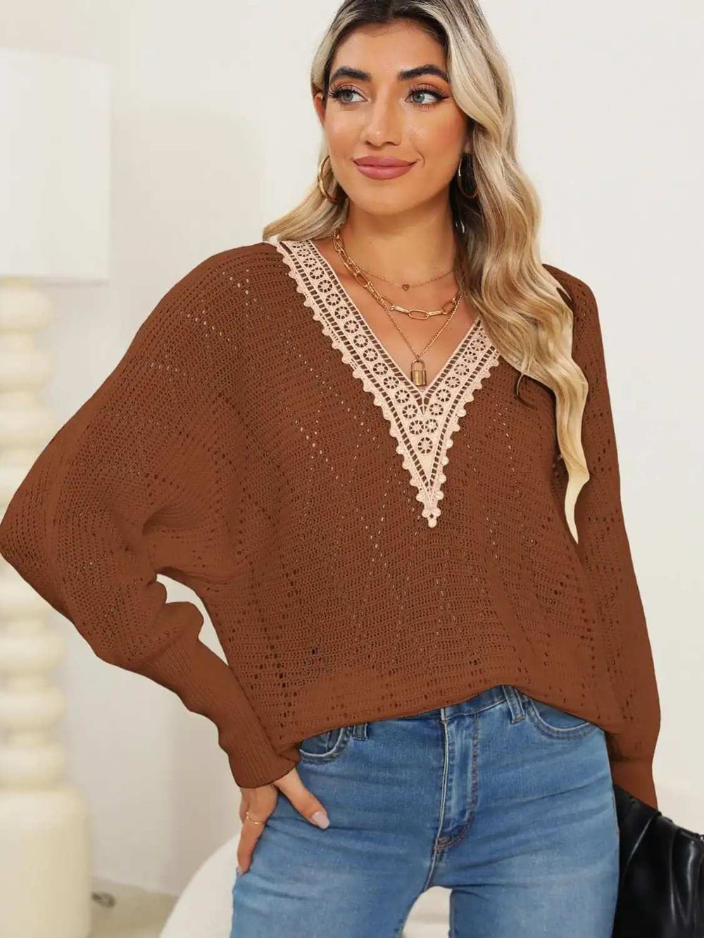 Lace Detail V-Neck Long Sleeve Sweater - Trendsi - Flyclothing LLC