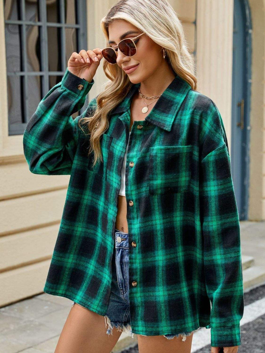 Plaid Collared Neck Long Sleeve Shirt - Trendsi - Flyclothing LLC