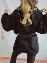 Boat Neck Long Sleeve Sweater with Belt - Trendsi