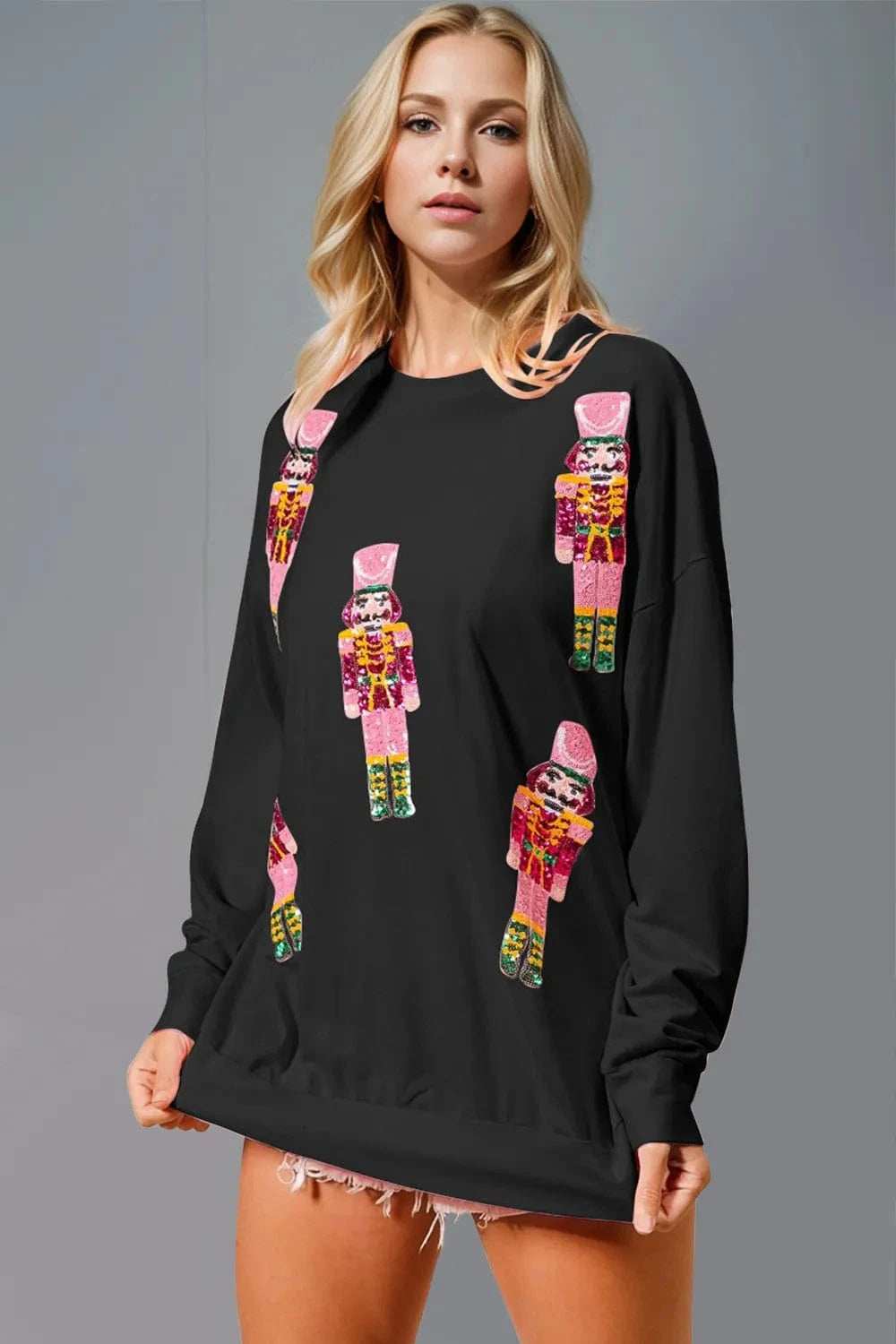 Double Take Sequin Nutcracker Round Neck Long Sleeve Sweatshirt - Trendsi - Flyclothing LLC