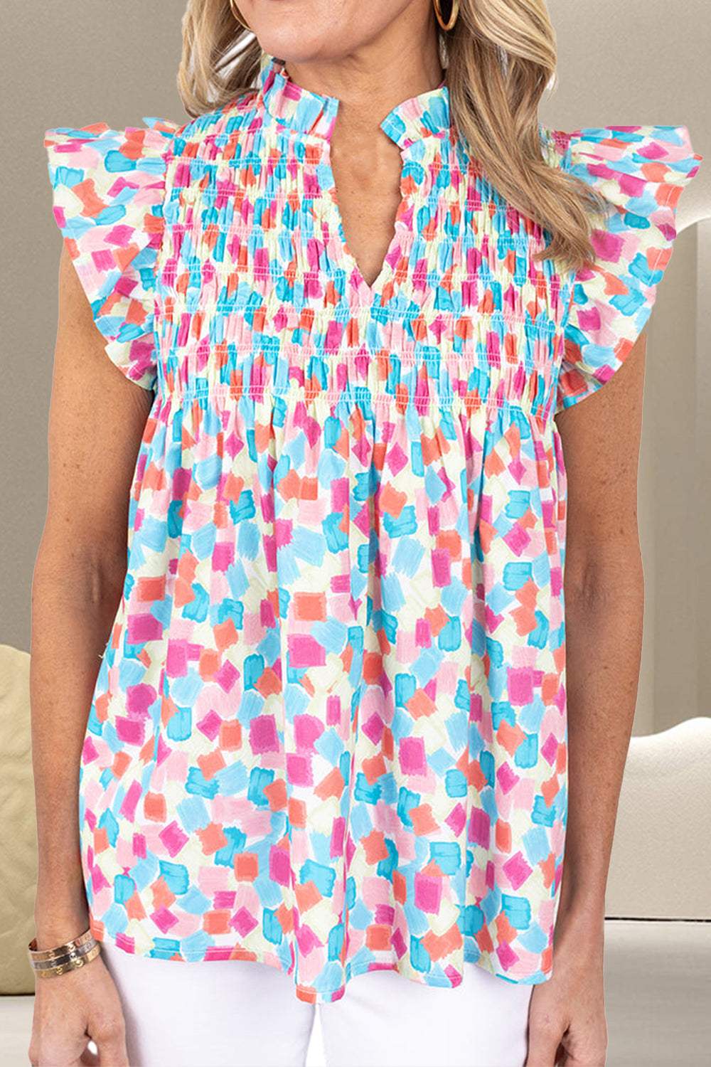 Ruffled Printed Notched Cap Sleeve Blouse - Trendsi - Flyclothing LLC