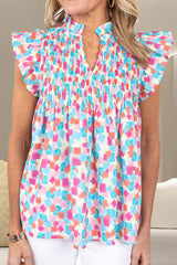 Ruffled Printed Notched Cap Sleeve Blouse - Trendsi - Flyclothing LLC