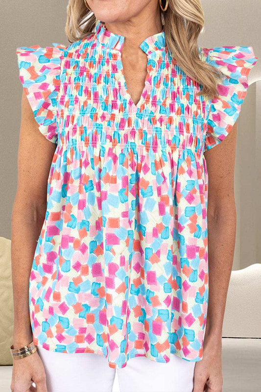 Ruffled Printed Notched Cap Sleeve Blouse - Trendsi - Flyclothing LLC