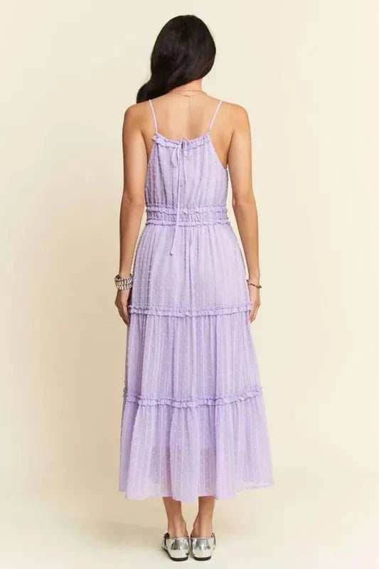 Davi & Dani Texture Swiss Dot Ruffle Square Neck Midi Dress - Trendsi - Flyclothing LLC