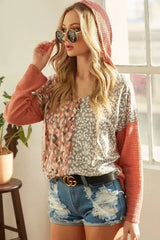 BiBi Popcorn Waffle Knit Hoodie with Print Block Front - Trendsi - Flyclothing LLC