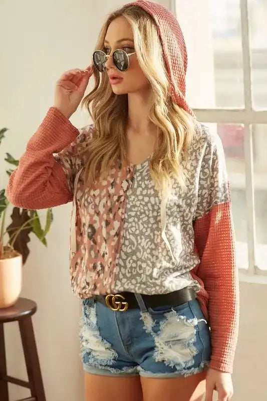 BiBi Popcorn Waffle Knit Hoodie with Print Block Front - Trendsi - Flyclothing LLC