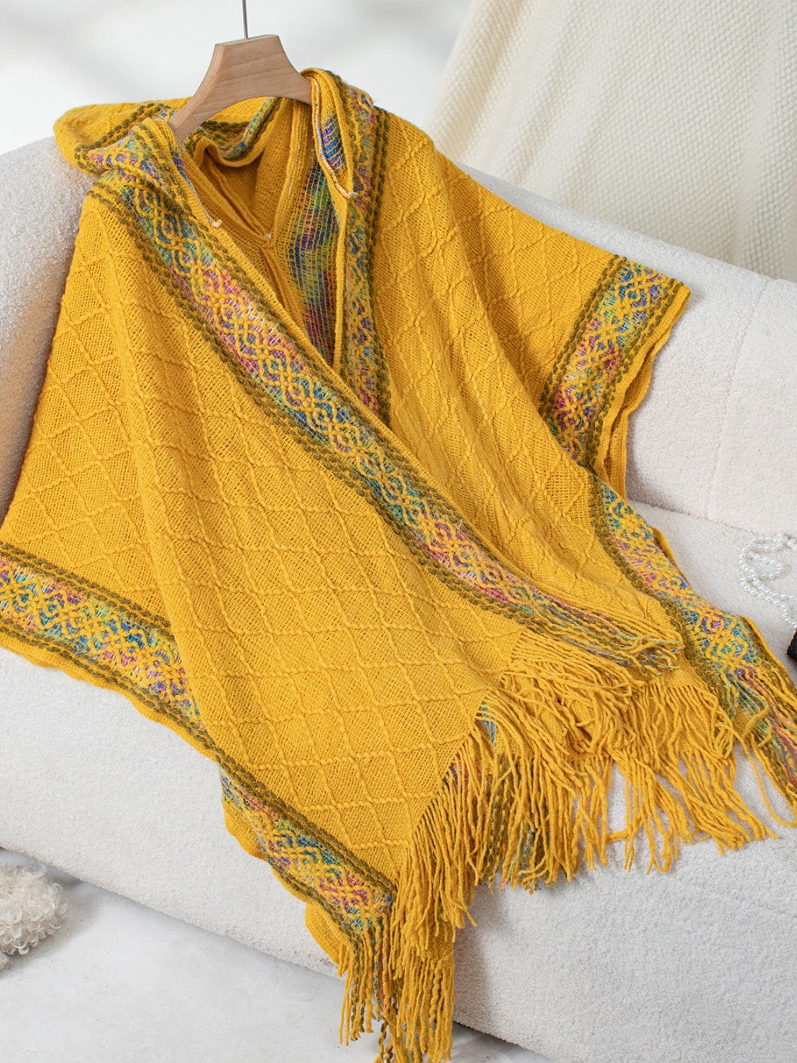 Fringe Half Sleeve Hooded Poncho - Trendsi