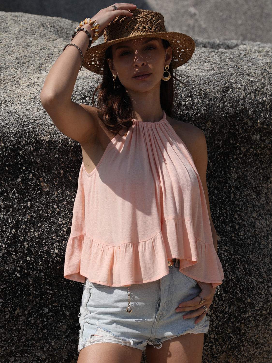 Ruched Peplum Round Neck Tank - Trendsi - Flyclothing LLC