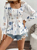Smocked Floral Scoop Neck Flounce Sleeve Blouse - Trendsi - Flyclothing LLC