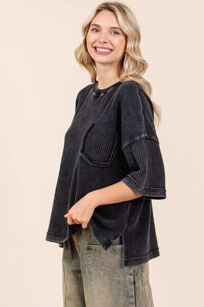 Mittoshop Mineral Wash Waffle Knit Short Sleeve Top - Trendsi - Flyclothing LLC