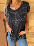 Studded Fringe Round Neck Cap Sleeve T-Shirt - Trendsi