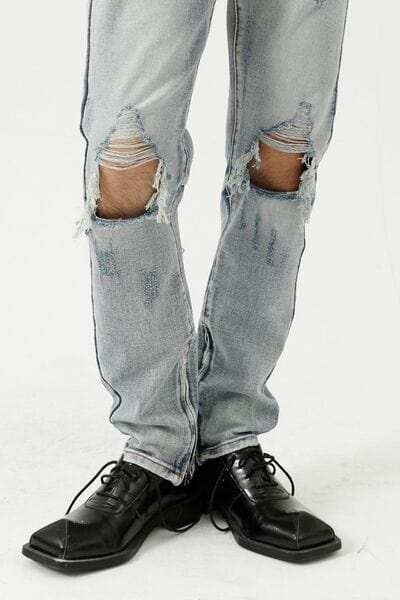 Distressed Side Zip Jeans with Pockets - Trendsi - Flyclothing LLC