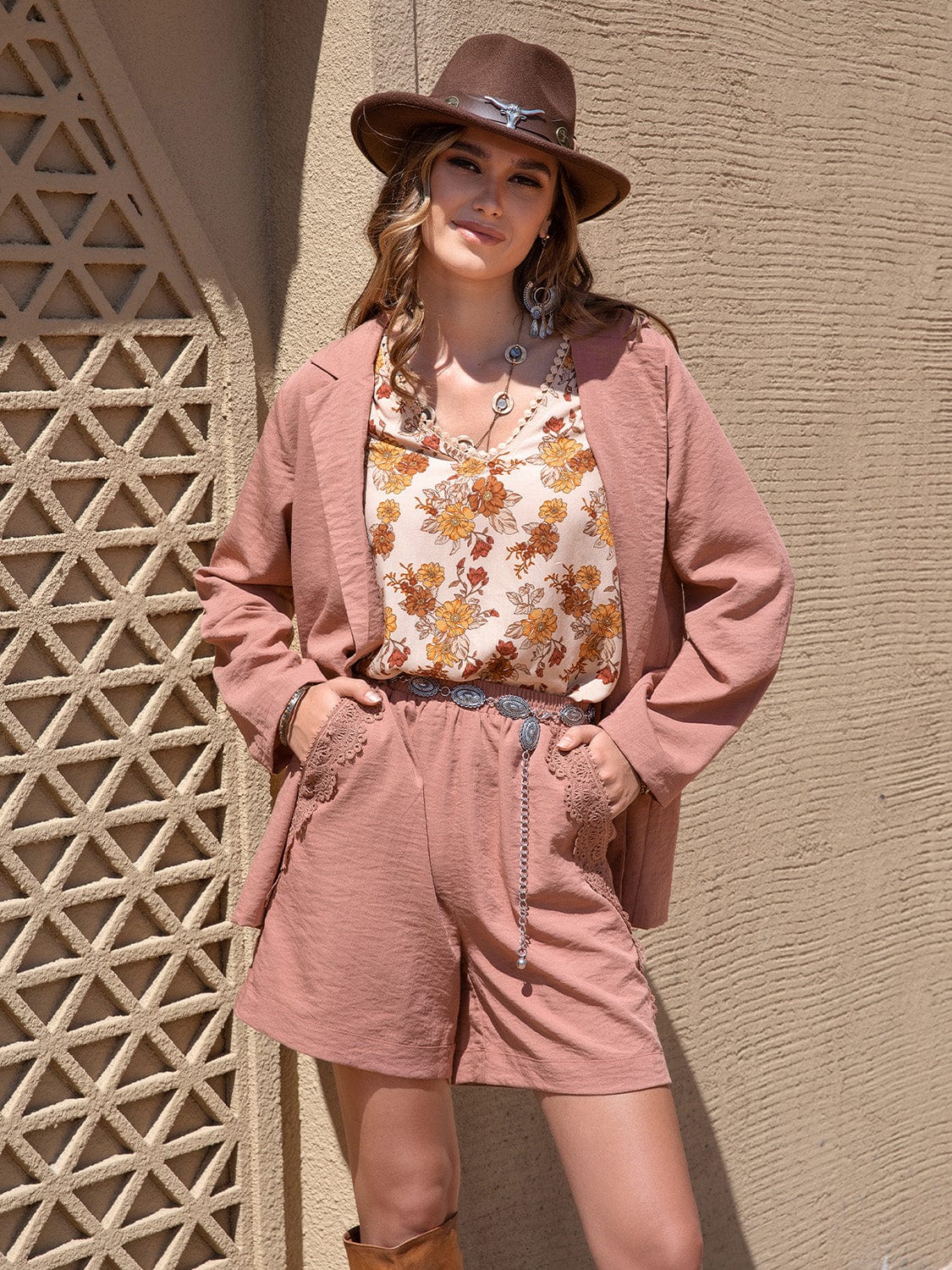 Lace Detail Collared Neck Long Sleeve Top and Shorts Set - Trendsi