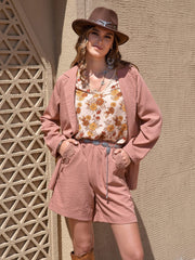 Lace Detail Collared Neck Long Sleeve Top and Shorts Set - Trendsi