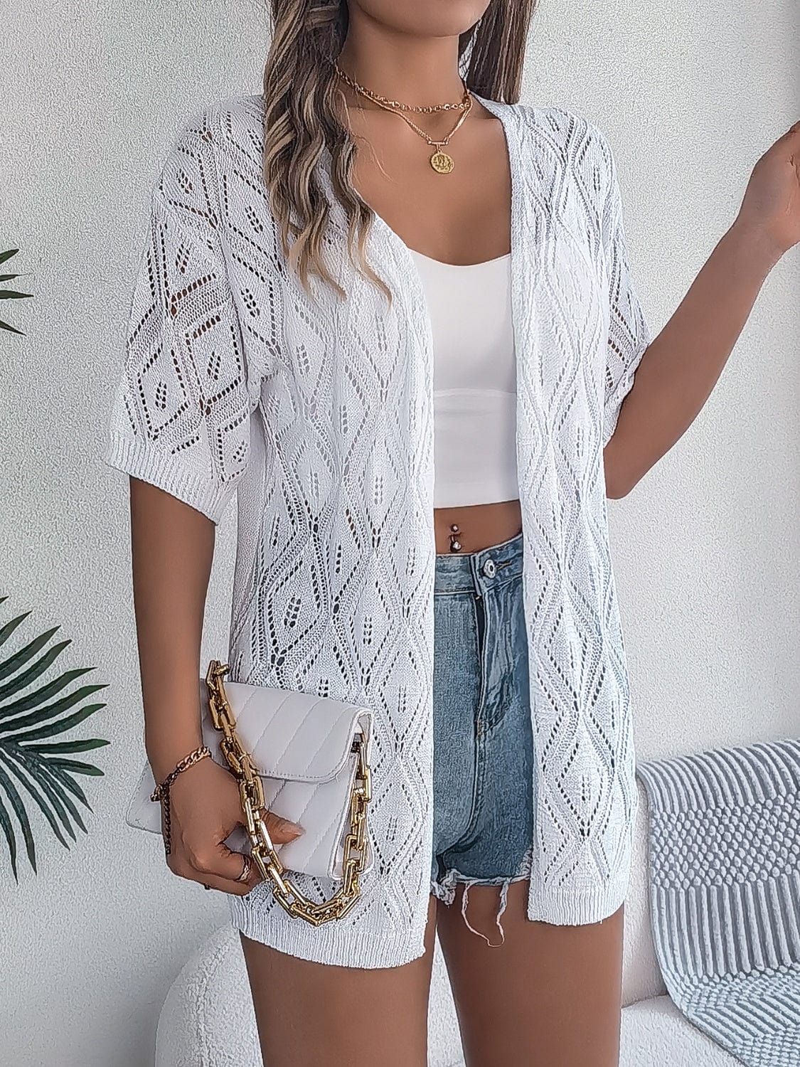 Openwork Open Front Half Sleeve Cardigan - Trendsi