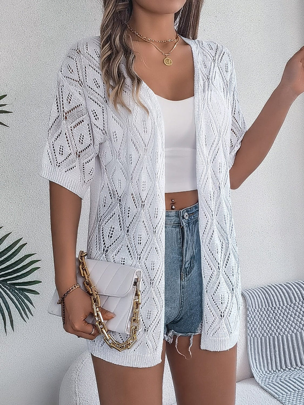 Openwork Open Front Half Sleeve Cardigan - Trendsi
