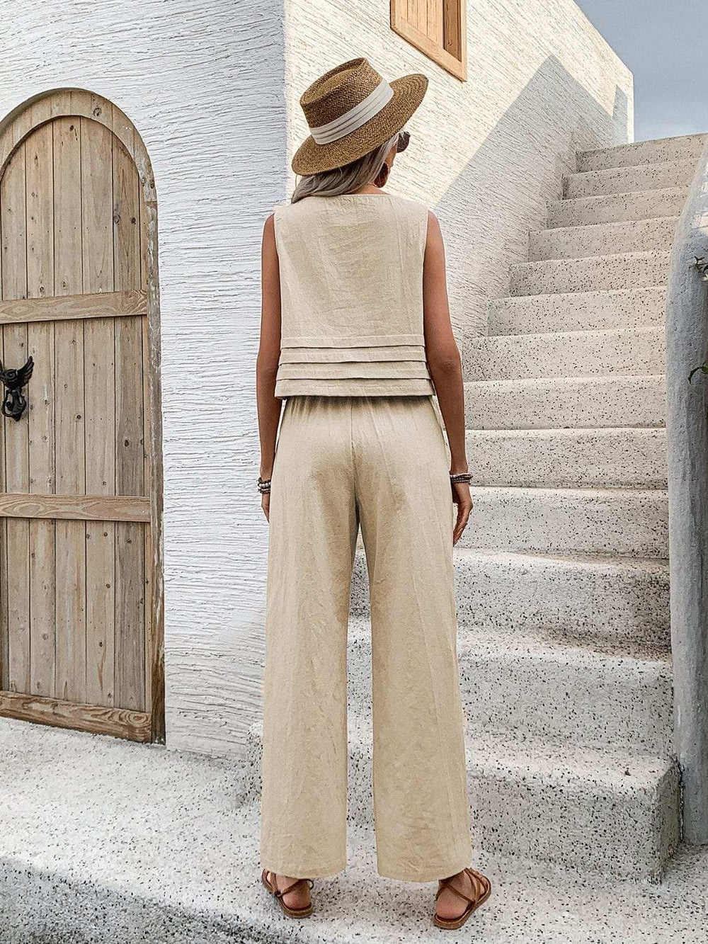 Round Neck Sleeveless Top and Wide Leg Pants Set - Trendsi - Flyclothing LLC