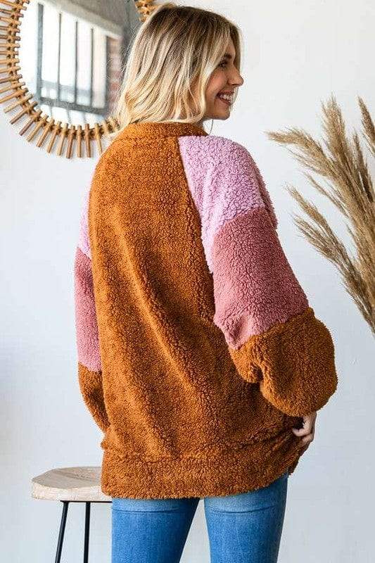 Culture Code Color Block Faux Fur Raglan Sleeve Sweatshirt - Trendsi - Flyclothing LLC