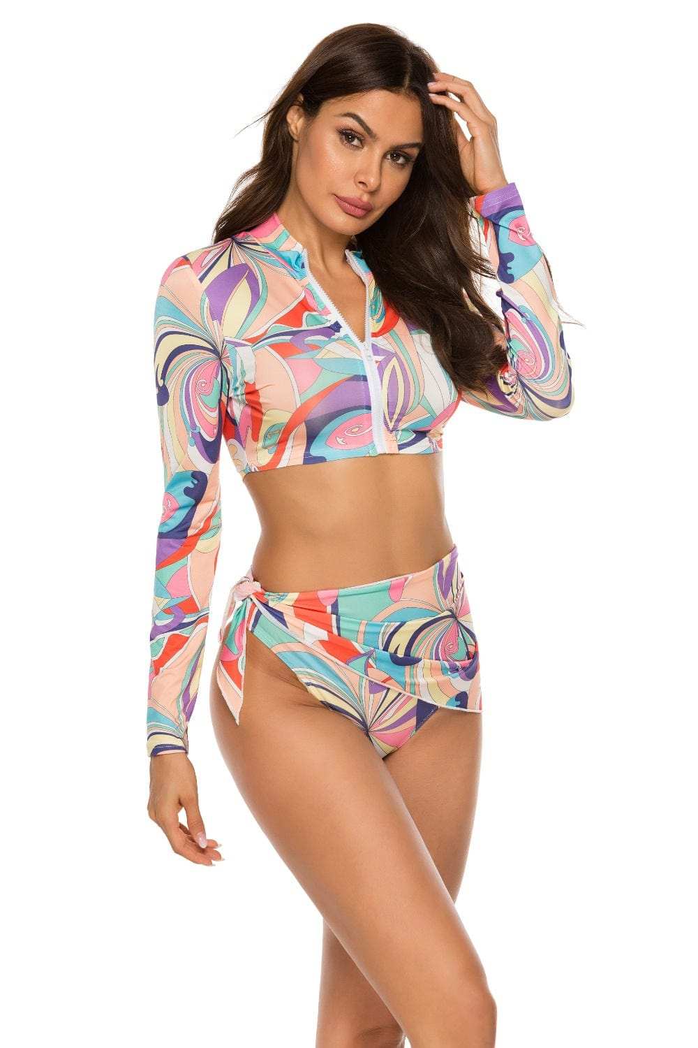 Printed Zip Up Three-Piece Swim Set - Trendsi - Flyclothing LLC