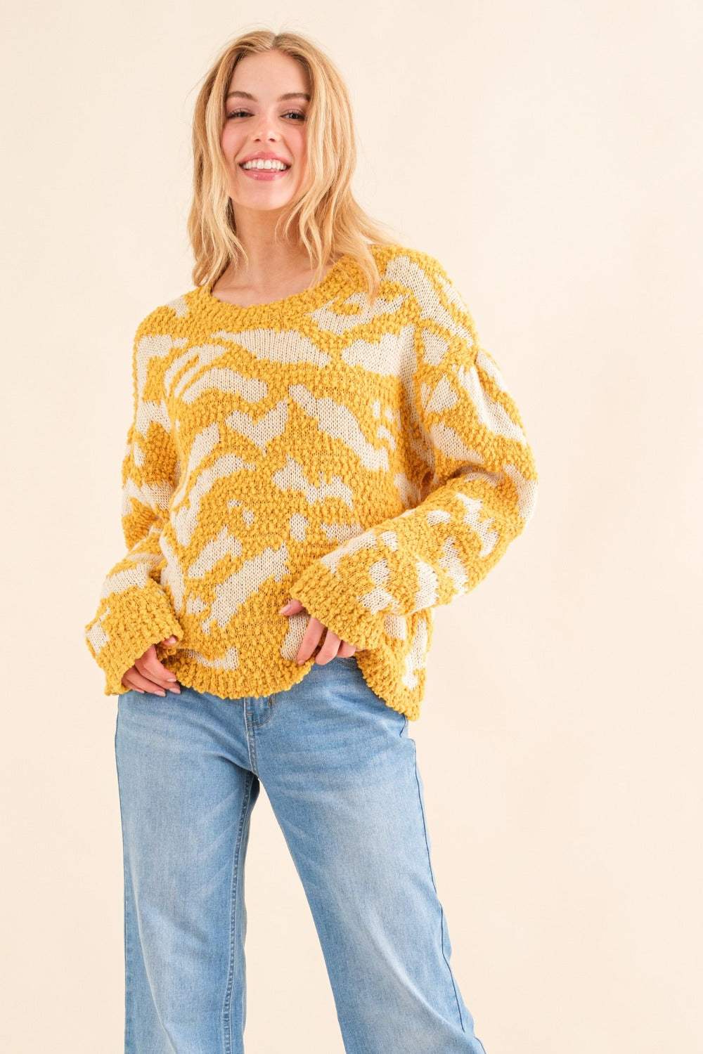 And The Why Full Size Textured Pattern Contrast Sweater - Trendsi - Flyclothing LLC