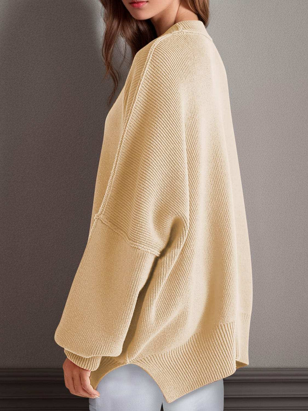 Double Take Side Slit Round Neck Long Sleeve Sweater - Trendsi - Flyclothing LLC