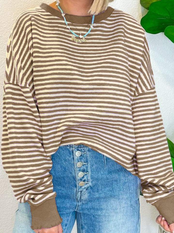 Striped Round Neck Long Sleeve Sweatshirt - Trendsi - Flyclothing LLC