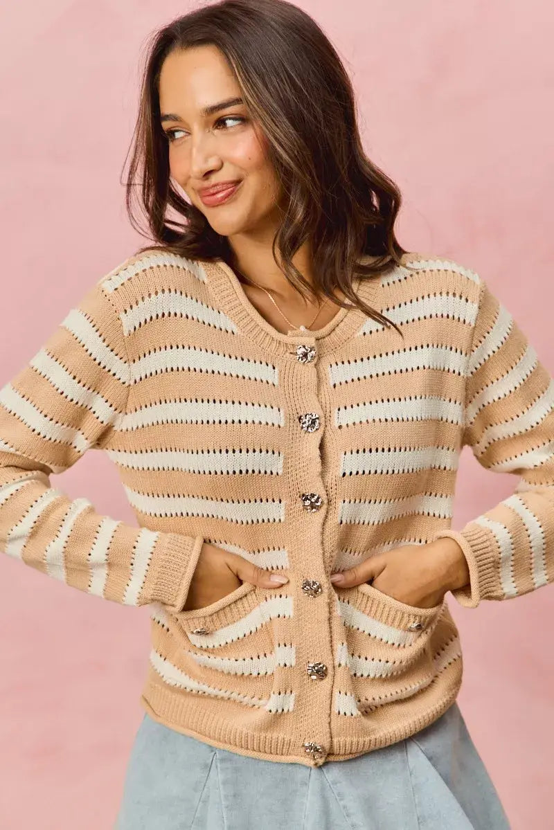 SO ME Stripe Long Sleeves Button Sweater Cardigan - Trendsi - Flyclothing LLC