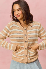 SO ME Stripe Long Sleeves Button Sweater Cardigan - Trendsi - Flyclothing LLC