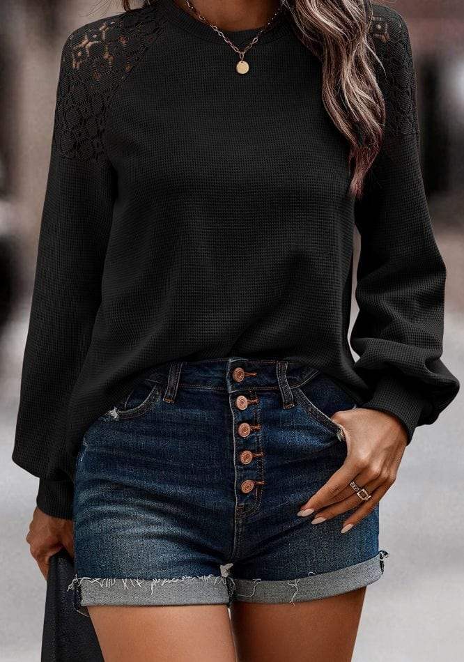 Lace Detail Round Neck Lantern Sleeve Top - Trendsi - Flyclothing LLC