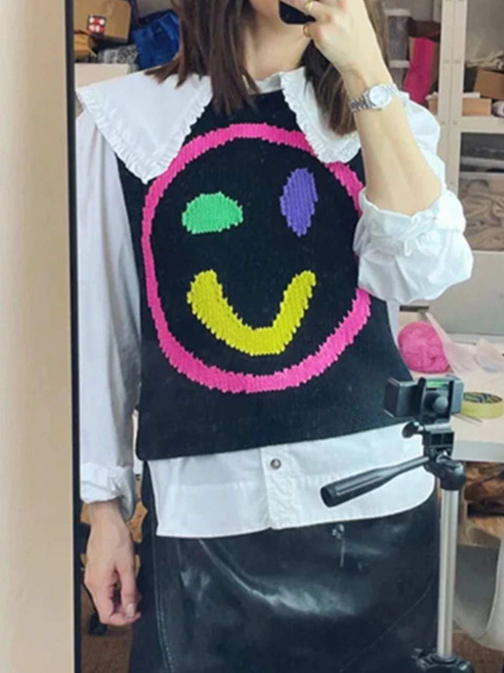 Smiley Round Neck Sweater Vest - Trendsi - Flyclothing LLC