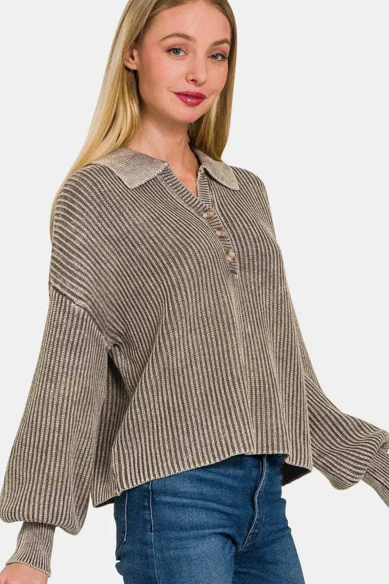 Zenana Washed Half Button Long Sleeve Sweater - Trendsi - Flyclothing LLC
