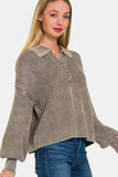 Zenana Washed Half Button Long Sleeve Sweater - Trendsi - Flyclothing LLC