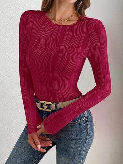 Textured Round Neck Long Sleeve Top - Trendsi - Flyclothing LLC