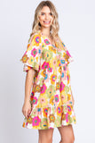 GeeGee Full Size Floral V-Neck Ruffle Trim Mini Dress - Trendsi
