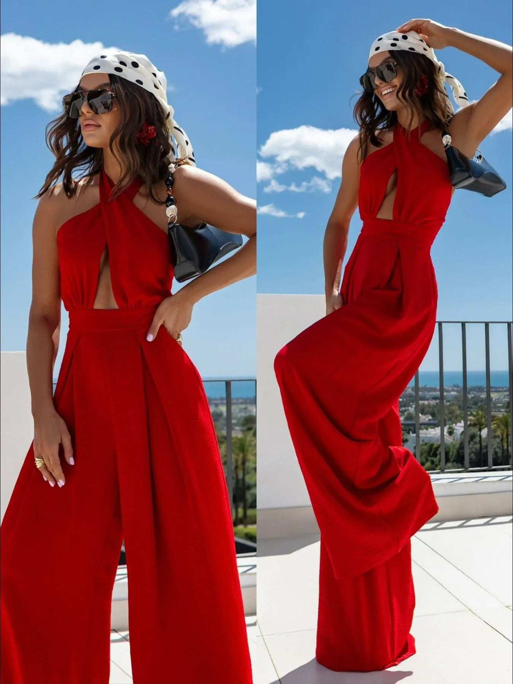 Wide Leg Cutout Halter Neck Jumpsuit - Trendsi - Flyclothing LLC