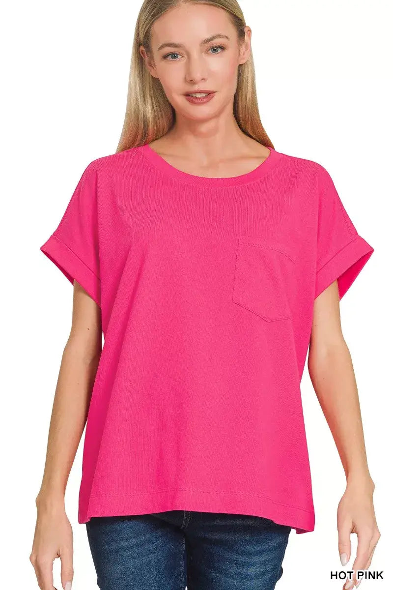 Zenana Cuffed Front Pocket Short Sleeve Tee - Trendsi - Flyclothing LLC