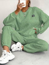 Texture Round Neck Long Sleeve Top and Pants Set - Trendsi - Flyclothing LLC