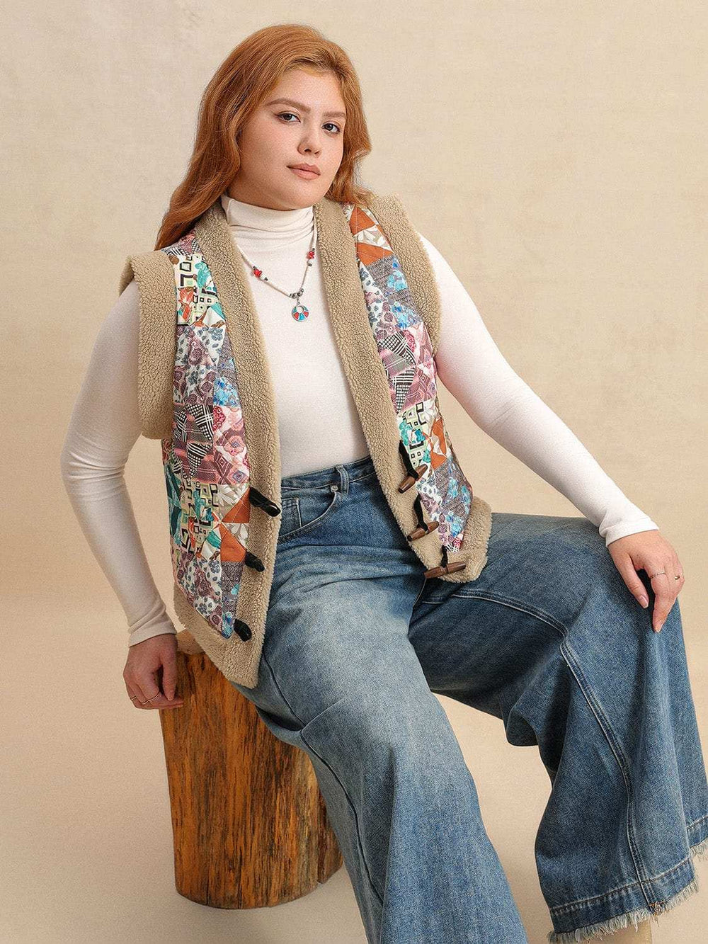 Plus Size Printed Sherpa Vest Coat - Trendsi - Flyclothing LLC