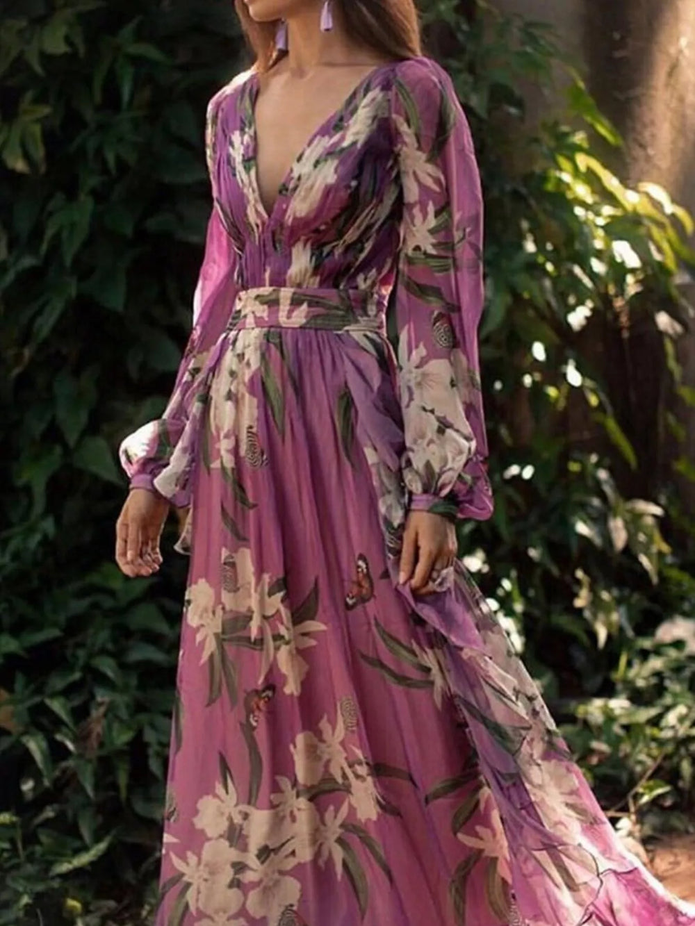 Full Size Floral Print Long Sleeve Maxi Dress Plus Size - Trendsi - Flyclothing LLC