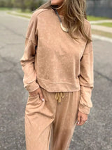 Full Size Washed Round Neck Top and Drawstring Pants Set Plus Size - Trendsi - Flyclothing LLC